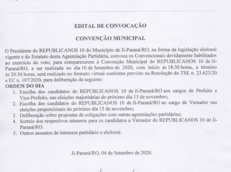 Edital de convocação para convenção municipal do partido REPUBLICANOS de Ji-Paraná