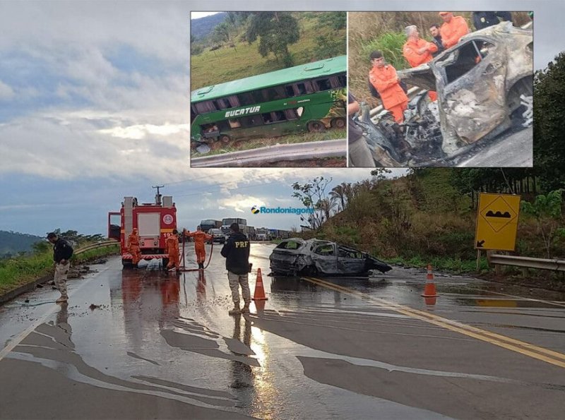 Motoristas de ônibus e carro morrem em grave acidente na BR-364