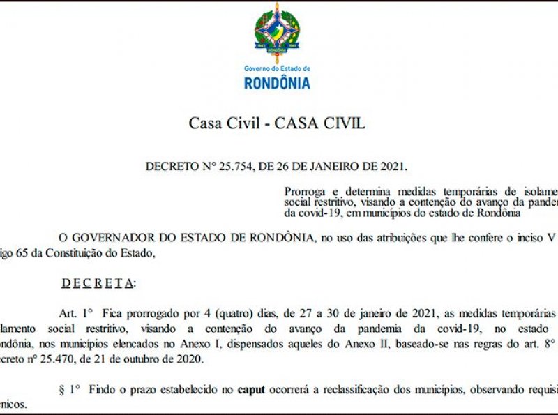 Governo mantém medidas de isolamento e toque de recolher até sábado em Rondônia