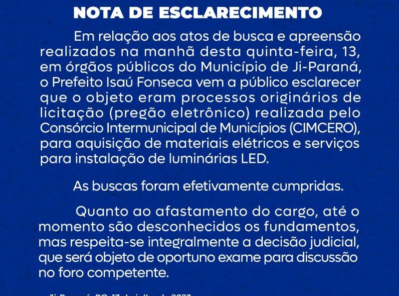 Prefeitura Municipal de Ji-Paraná emite Nota de Esclarecimento sobre Operação da DRACCO2