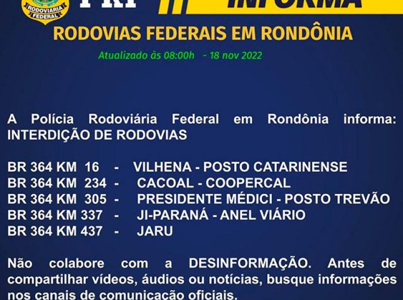 PRF confirma pelo menos cinco bloqueios de rodovias em Rondônia nesta sexta-feira