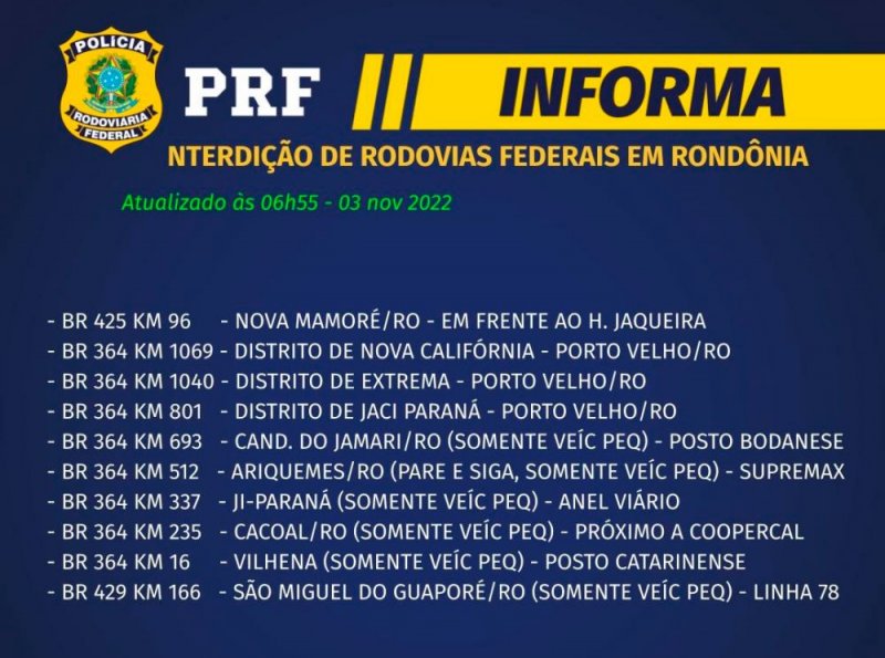 Completando 4 dias de protestos, Rondônia ainda tem 10 bloqueios em rodovias federais