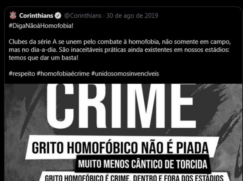 Corinthians faz post homofóbico na rede social para provocar o rival São Paulo